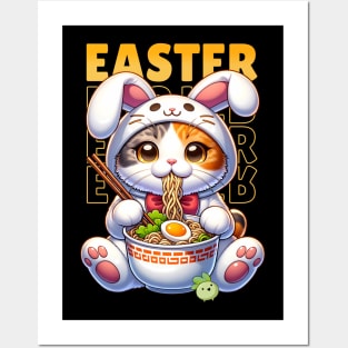 Easter bunny cat eating ramen Posters and Art